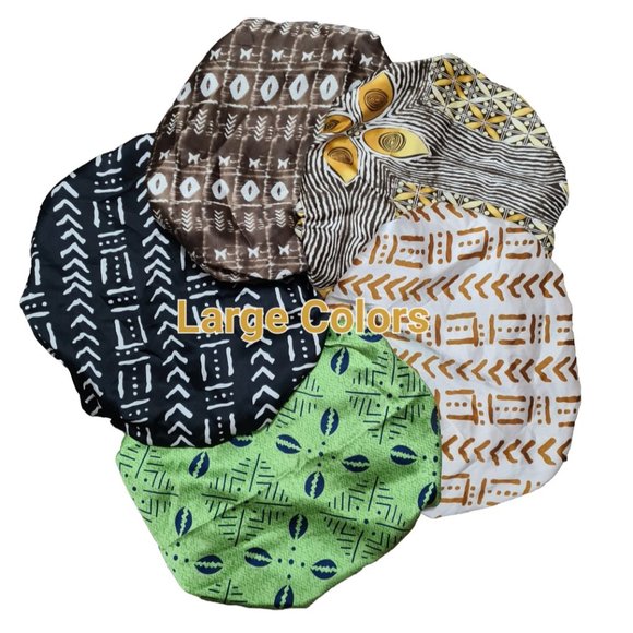 Unisex Double Layer Satin Hair Bonnet in Green Cowrie Print w/ Adjustable Band - Picture 6 of 8
